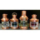 A set of four 19th century ships copper lanterns, Masthead, Anchor, Port and Starboard, 39cm high (