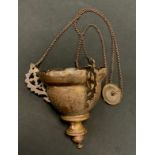 A 19th century brass hanging ecclesiastical sanctuary lamp, the reservoir 15cm diam