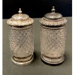 A pair of George III silver mounted and hobnail cut cylindrical sifters, 10.5cm high, Sheffield 1817