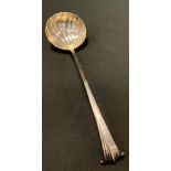 A George II Onslow pattern soup ladle, fluted bowl, marks rubbed, 1754, 4.18ozt, 130 grams