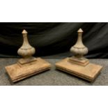 A pair of French cast iron gate finials, with lobed spires, rectangular bases, 35cm wide, 41.5cm