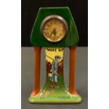 A Wileman & Co Foley Intarsio clock, designed by Frederick Rhead, Wake up and get to Business, the