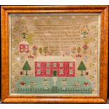 A Victorian sampler, worked by Martha Kirby, aged 12, 1876, with buildings, garden and foliate,