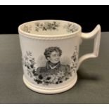 An early 19th century commemorative mug, transfer printed in monochrome with portrait of 'George