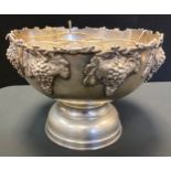 A large 20th century silver plated punch bowl/bottle chiller, case grape vine collar, removable