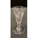 An English ale glass, the funnel shaped bowl, etched with barley ears, double knopped stem, 14cm