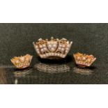 A 9ct gold seed pearl inset naval crown brooch and earrings suite, each encrusted with mabe