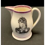 A 19th century creamware commemorative jug, Long Live Queen Caroline, printed in monochrome with
