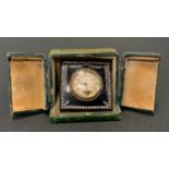 A French faux tortoiseshell 'Heart Beat' square travel clock, set with brilliant cut stones,