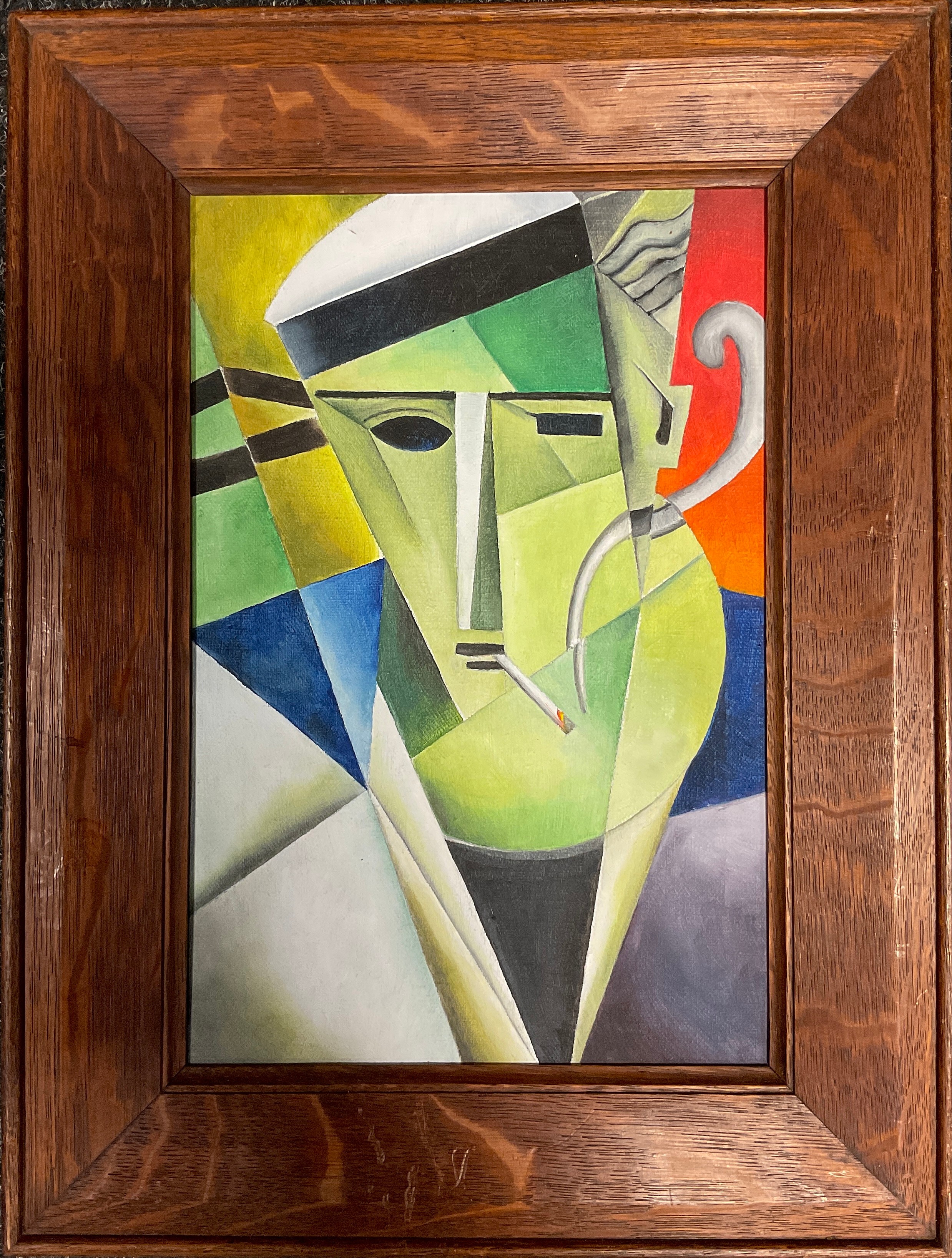 Modern school, A Cubist style portrait, man smoking a cigarette, oil on canvas, 30cm x 19.5cm.