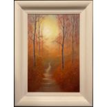 Ben Payne Forest Sunlight VI signed, signed again to verso, DeMontfort Gallery label, oil on canvas,