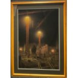 Nicholas Leake The Sentinel Cranes, Building site at night, signed, soft pastel, 90cm x 61cm.