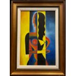 Modern school, Cubist style nude, in red, blue, and yellow, oil on canvas, 41cm x 27cm.