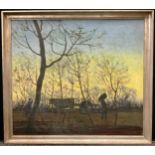 French school, mid 20th century, ‘Woodsmen with ox and cart at Dusk’, oil on board, indistinctly