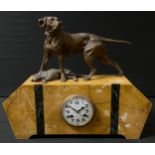 An Art Deco marble and bronze mantel clock, the 9cm diam with Arabic numerals, inscribed Voignier,