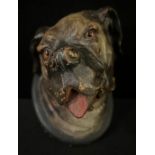 A mid 19th century terracotta wall plaque, as a a Mastiff head, glass eyes, 12.5cm high, c.1860