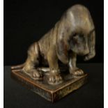A Sarreguimes terracotta model, of a woeful puppy, in a dripped glaze, rectangualr plinth, 15.5cm