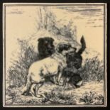 A Minton Hollins & Co tile, printed in black with terrier,s 15cm wide, c.1870