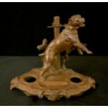 A late 19th century French spelter inkstand, after Charles Valton, of a chained Dogue de Bordeaux,