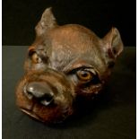 A 19th century English carved hardwood Bull Terrier head, glass eyes, 11cm high, c.1850