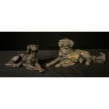 A late 19th century novelty bronze inkwell, as a Retriever, reclining, its head hinged, 18cm wide,