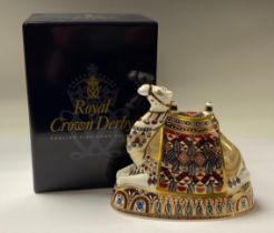 A Royal Crown Derby paperweight, Camel, silver stopper, boxed