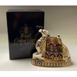 A Royal Crown Derby paperweight, Camel, silver stopper, boxed