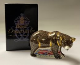 A Royal Crown Derby paperweight, Grizzly Bear, gold stopper, 15cm long, printed mark in red, boxed