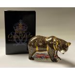 A Royal Crown Derby paperweight, Grizzly Bear, gold stopper, 15cm long, printed mark in red, boxed