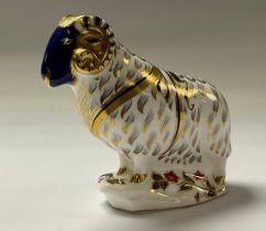 A Royal Crown Derby paperweight, Ram, gold stopper, 14cm, printed marks