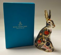 A Royal Crown Derby paperweight, Old Imari Solid Gold Band Hare, gold stopper, 16.5cm, printed