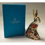 A Royal Crown Derby paperweight, Old Imari Solid Gold Band Hare, gold stopper, 16.5cm, printed