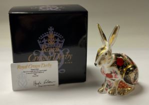 A Royal Crown Derby paperweight, Imari hare, limited edition 39/500, gold stopper, 13cm, printed