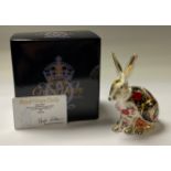 A Royal Crown Derby paperweight, Imari hare, limited edition 39/500, gold stopper, 13cm, printed