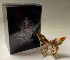 A Royal Crown Derby paperweight, Old Imari Solid Gold Band Butterfly, celebrating the Golden