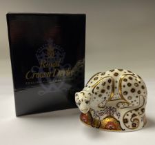 A Royal Crown Derby paperweight, Snow Leopard, silver stopper, boxed