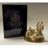 A Royal Crown Derby paperweight, Zebra, gold stopper, 14cm, boxed