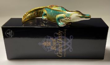 A Royal Crown Derby paperweight, Alligator, gold stopper, 26cm long, printed marks in red, boxed