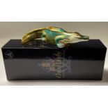 A Royal Crown Derby paperweight, Alligator, gold stopper, 26cm long, printed marks in red, boxed