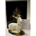 A Royal Crown Derby paperweight, The White Hart Heraldic Stag, limited edition 93/2,000, gold
