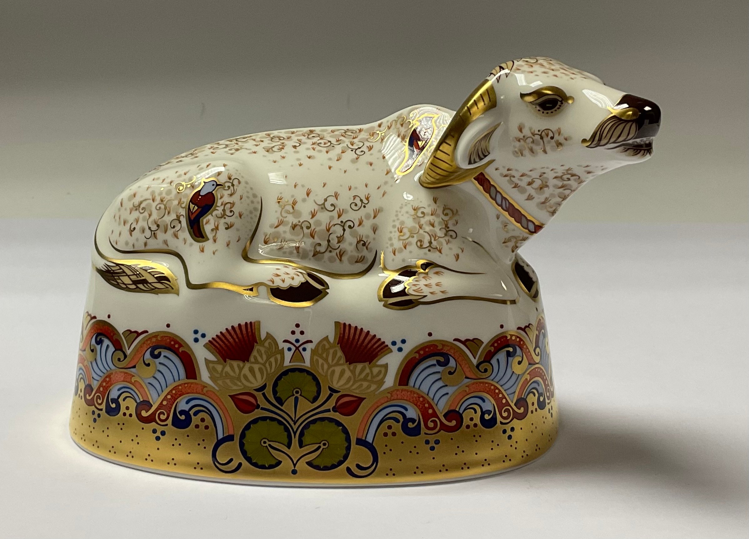 A Royal Crown Derby paperweight, Water Buffalo, gold stopper, 17cm long, printed mark, - Image 2 of 3