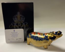 A Royal Crown Derby paperweight, Hippopotamus, specially commissioned gold backstamp, limited
