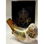 A Royal Crown Derby paperweight, Turtle Dove, gold stopper, boxed