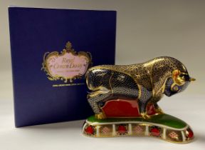 A Royal Crown Derby paperweight, Bull, gold stopper, 14cm, boxed