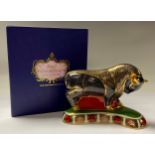 A Royal Crown Derby paperweight, Bull, gold stopper, 14cm, boxed