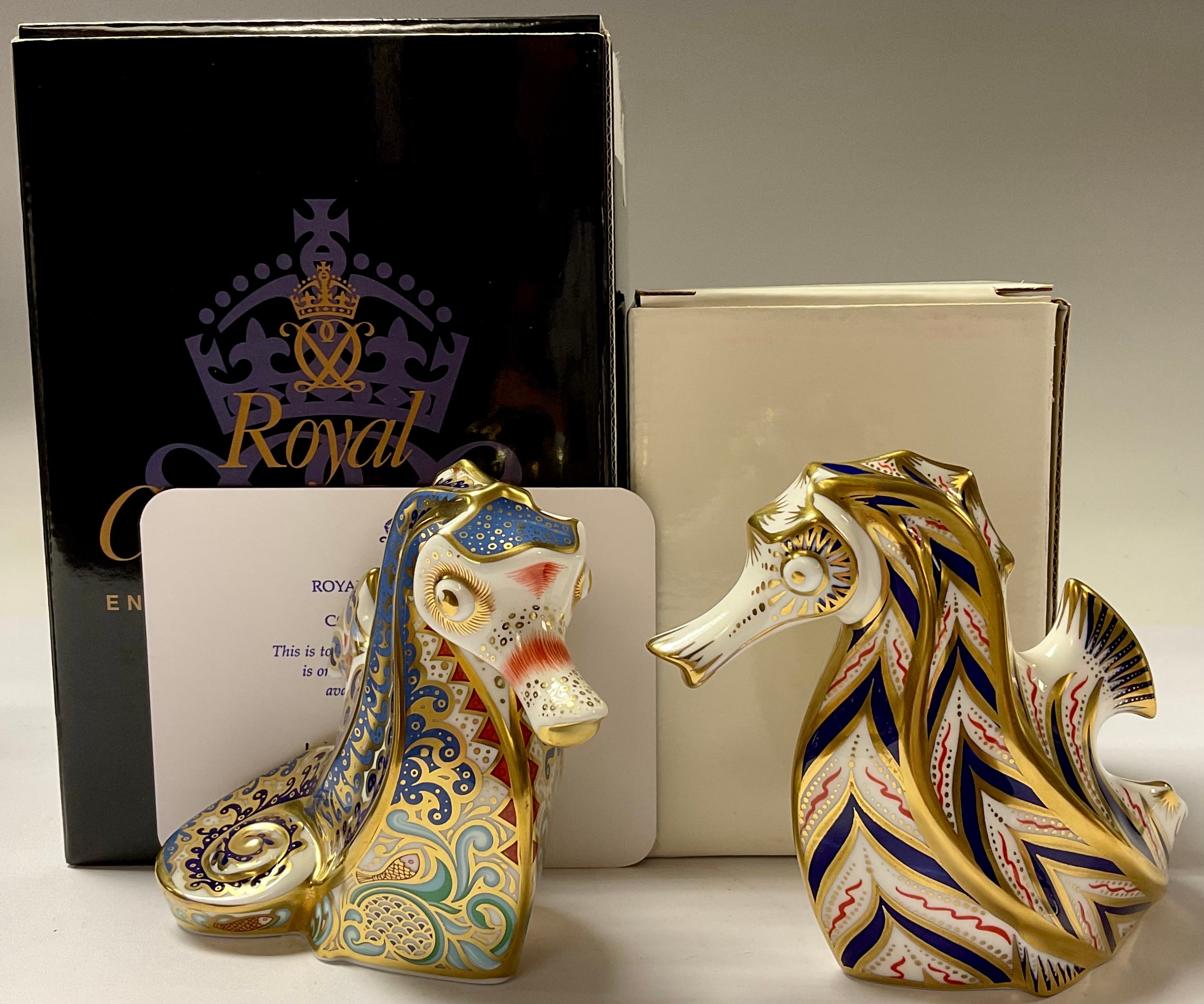 A Royal Crown Derby paperweight, Coral Seahorse, limited availability to June 2004, gold stopper,