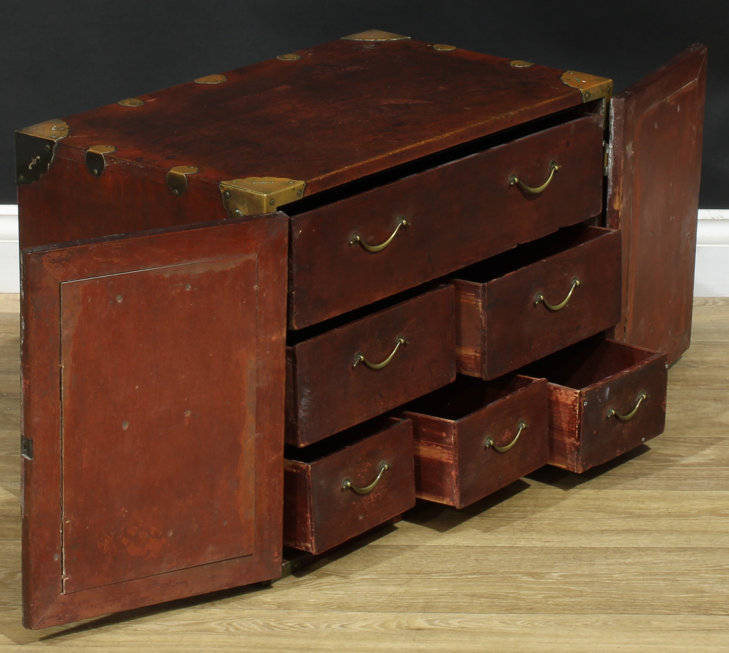 A Chinese brass mounted enclosed table cabinet, flush rectangular top above a pair of yumu veneer - Image 4 of 7