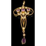 An Edwardian Art Nouveau 9ct gold amethyst and seed pearl droplet pendant, 5cm over suspension loop,