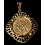 A George V gold half sovereign, 1911, mounted in 9ct gold as a pendant, 5.8g
