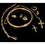 A 9ct gold bangle, bracelet, earrings, chain, chain with cross, a 14k gold pendant, etc, mostly